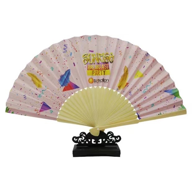 Custom Printed Logo Folding Bamboo Handfan Rib Wedding Wooden Handheld White