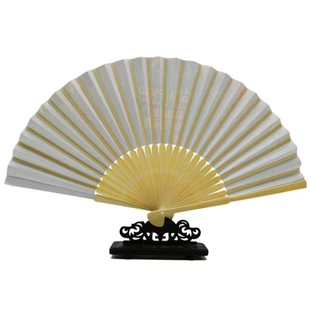 Custom Printed Logo Folding Bamboo Handfan Rib Wedding Wooden Handheld White