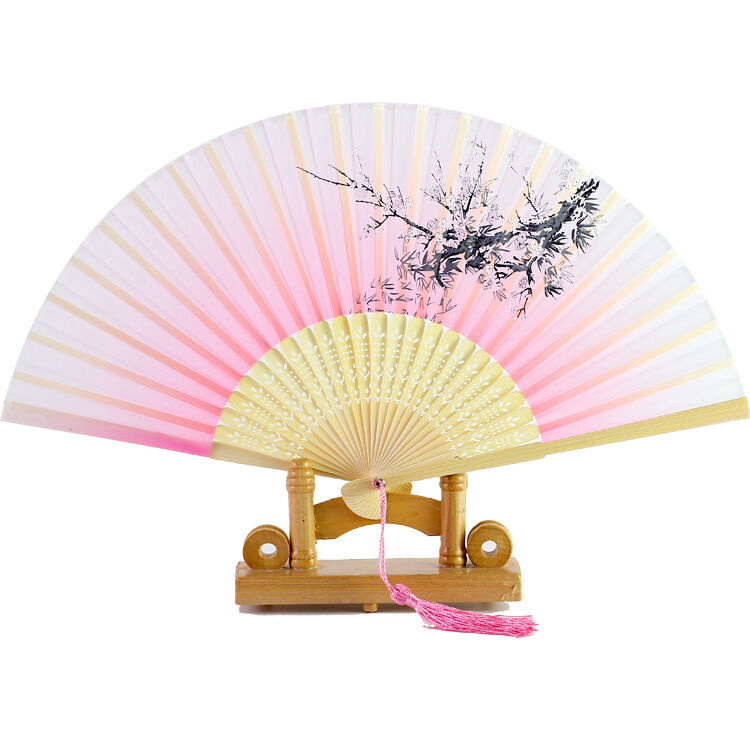 Wholesale Custom Logo Printed Bamboo Folding Fan 21CM(8.27in) Hand Crank Fan with Bamboo and Silk Material
