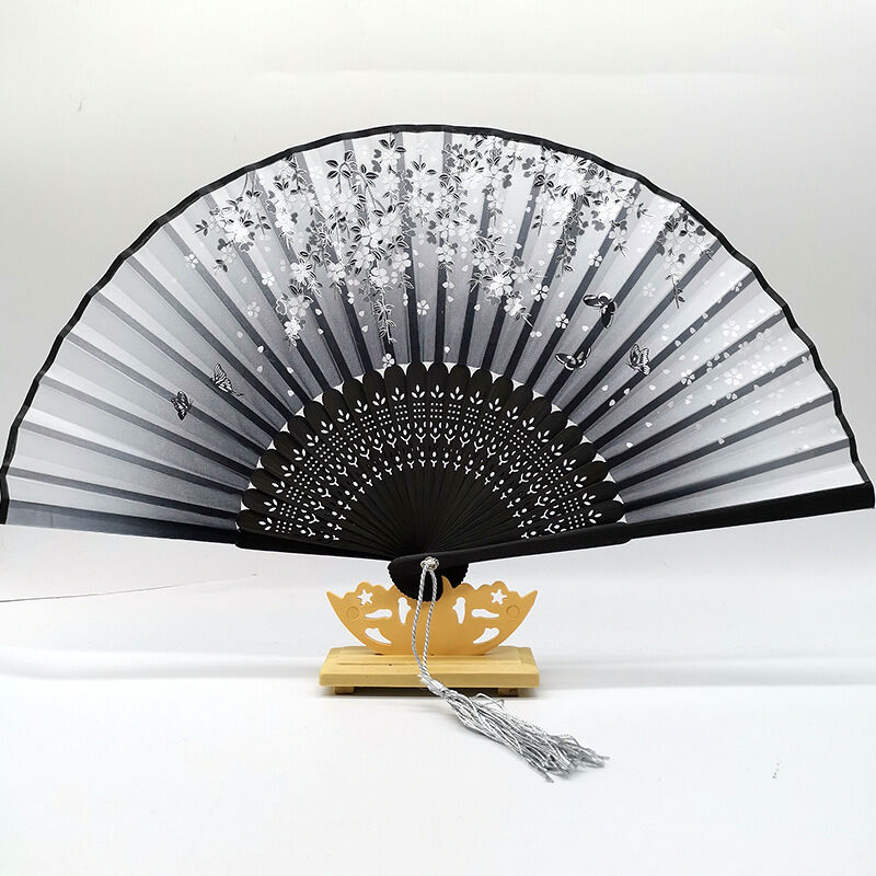 Wholesale Custom Logo Printed Bamboo Folding Fan 21CM(8.27in) Hand Crank Fan with Bamboo and Silk Material