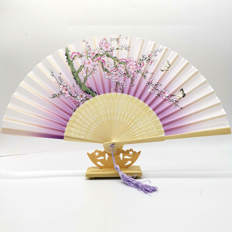 Wholesale Custom Logo Printed Bamboo Folding Fan 21CM(8.27in) Hand Crank Fan with Bamboo and Silk Material