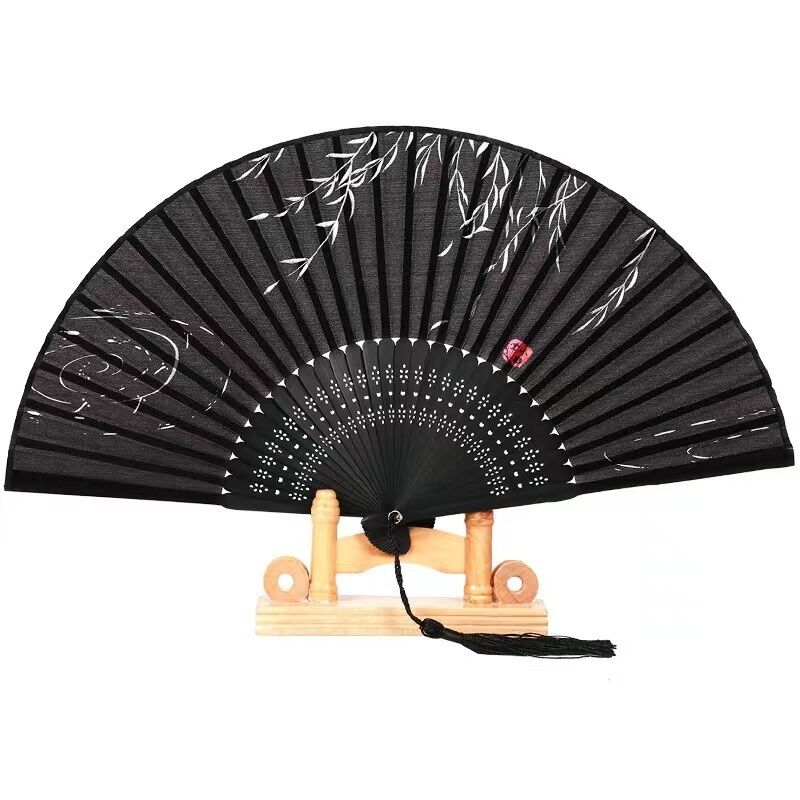 Personalized 21cm Bamboo Folding Hand Fan with Silk and Custom Logo for Wedding Favors