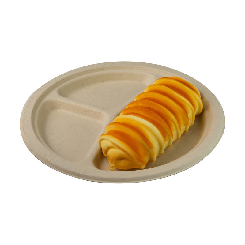Bagasse 3 Compartment Paper Plates Recyclable Disposable Plates Round Restaurant