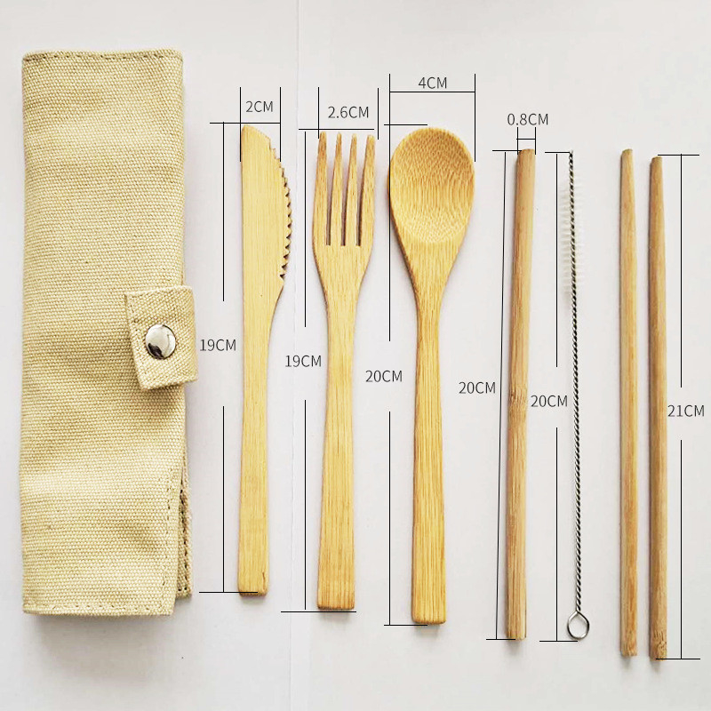 Disposable Portable Organic Bamboo Spoon Fork Chopsticks Set Cloth Bag Packing