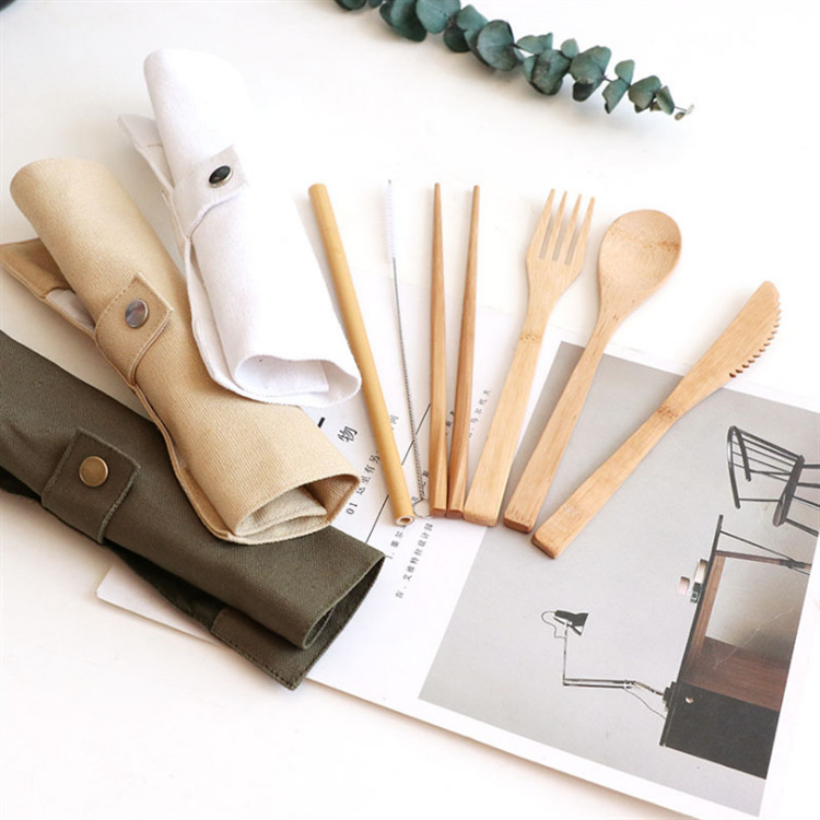 Disposable Portable Organic Bamboo Spoon Fork Chopsticks Set Cloth Bag Packing